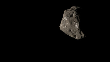 3D render - an ice-covered asteroid flies in dark space