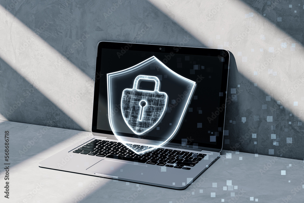 Poster Close up of laptop computer on desktop with glowing padlock hologram on concrete background. Secure, safety and web concept. 3D Rendering.