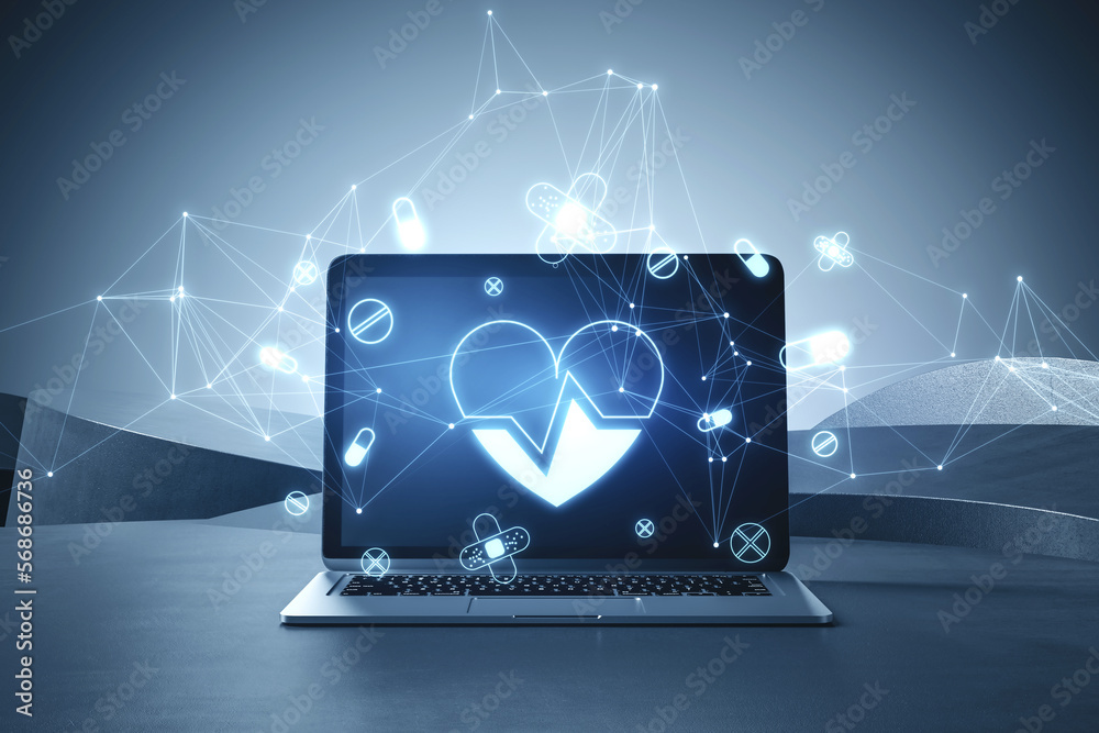 Poster close up of laptop computer with digital heart hologram on workplace. digital test and laboratory co