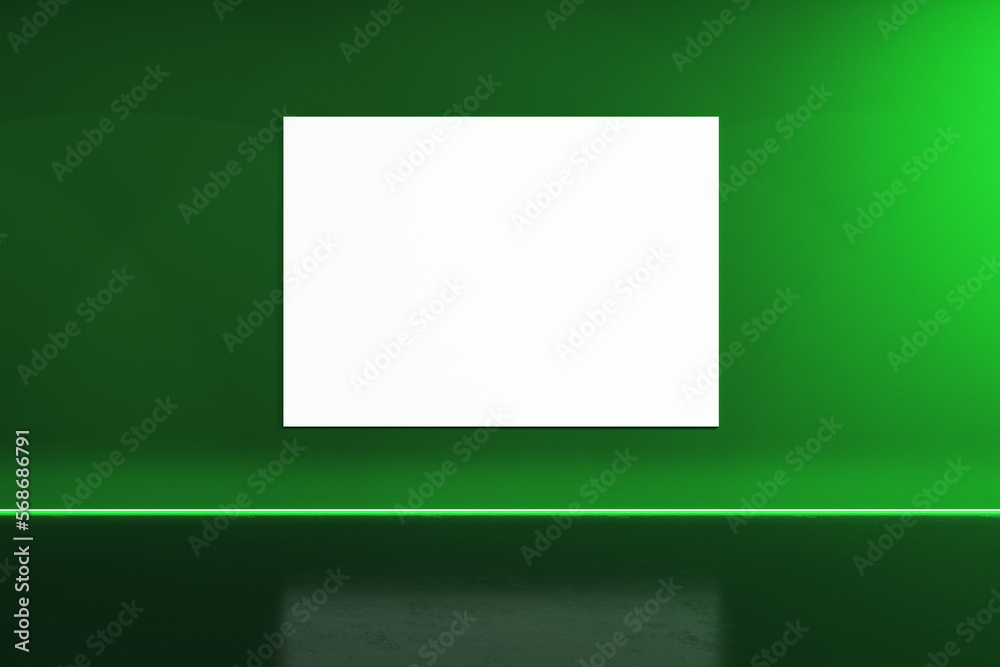 Poster creative green stage interior with blank white mock up banner on wall. performance and advertisement