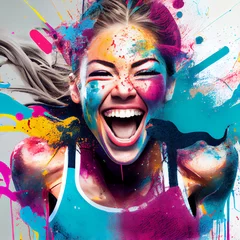 Zelfklevend Fotobehang Happy colorful fitness girl, generative ai © Obak
