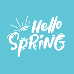 Hello Spring hand sketched logotype, badge typography icon. Lettering spring season with leaf for greeting card, invitation template. Retro, vintage lettering banner poster template background,
