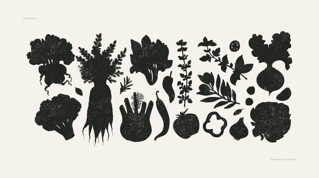 Various vegetable silhouettes kit. Abstract vintage style. Healthy food design. 