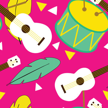 Seamless pattern for carnival. Bright patter with carnival elements as drum, ukulele, feathers and confetti. Vector illustration.