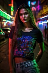  A fictional person. Beautiful young half Asian woman at street at night. Generative AI