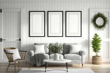 Mockup three  frame in farmhouse living room interior, Generative AI