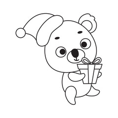 Coloring page cute little koala carries gift box. Coloring book for kids. Educational activity for preschool years kids and toddlers with cute animal. Vector stock illustration