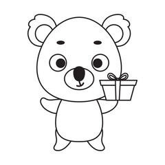 Coloring page cute little koala with gift box. Coloring book for kids. Educational activity for preschool years kids and toddlers with cute animal. Vector stock illustration