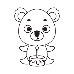 Coloring page cute little koala with birthday cake. Coloring book for kids. Educational activity for preschool years kids and toddlers with cute animal. Vector stock illustration