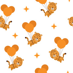 Cute little cheetah flying on balloons seamless childish pattern. Funny cartoon animal character for fabric, wrapping, textile, wallpaper, apparel. Vector illustration
