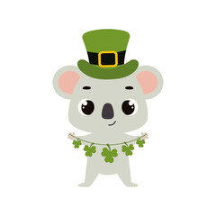 Cute koala in green leprechaun hat with clover. Irish holiday folklore theme. Cartoon design for cards, decor, shirt, invitation. Vector stock illustration