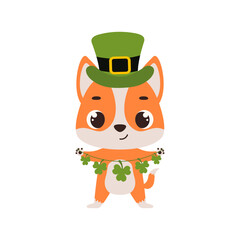 Cute dog in green leprechaun hat with clover. Irish holiday folklore theme. Cartoon design for cards, decor, shirt, invitation. Vector stock illustration