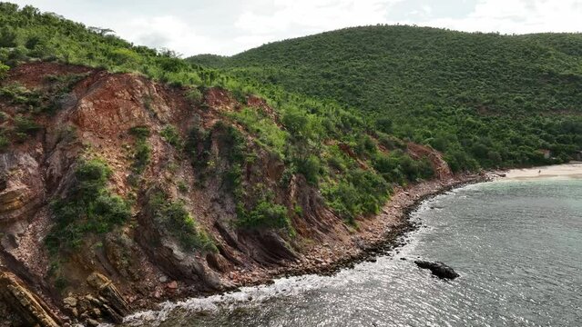 Aerial drone view of Playa Blanca beach in Mochima National Park, Venezuela.