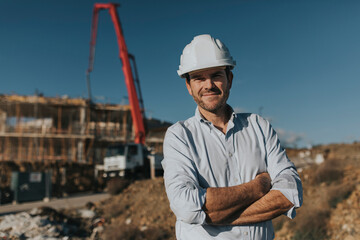 Smiling mature architect wearing hardhat standing at construction site