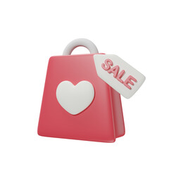 shopping bag with a heart and sale tag icon 3d render illustration for valentine's Day.