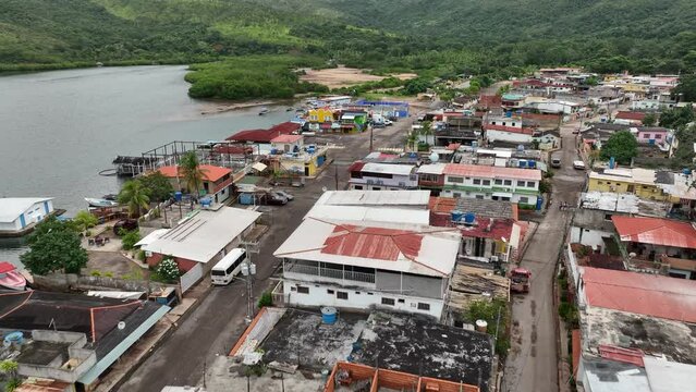 Camera moving over the small Venezuelan town Mochima in Mochima National Park, Venezuela.