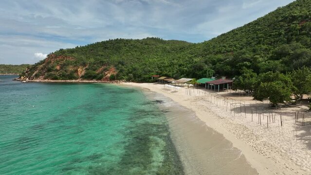 Aerial view of empty Playa Blanca beach in Mochima National Park. Venezuela.