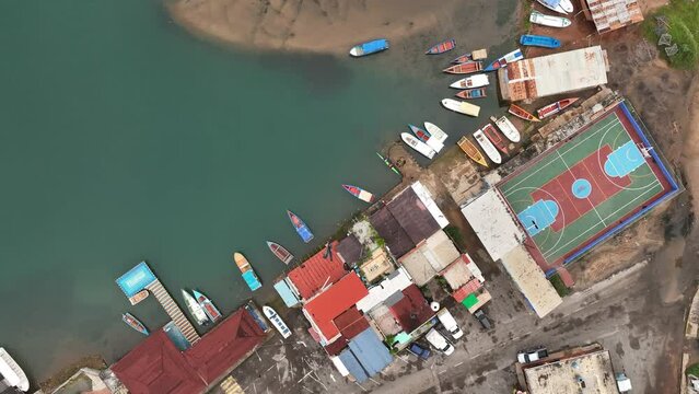 Aerial top down view of small Venezuelan town Mochima in Mochima National Park, Venezuela.