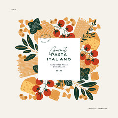 Various Italian pasta design template. Spaghetti and ravioli illustrations. Vector illustration