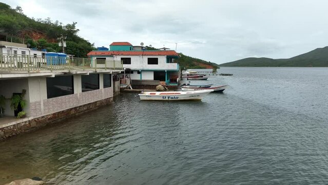 Camera  moving down to waterfront in Mochima in Mochima National Park. Venezuela.