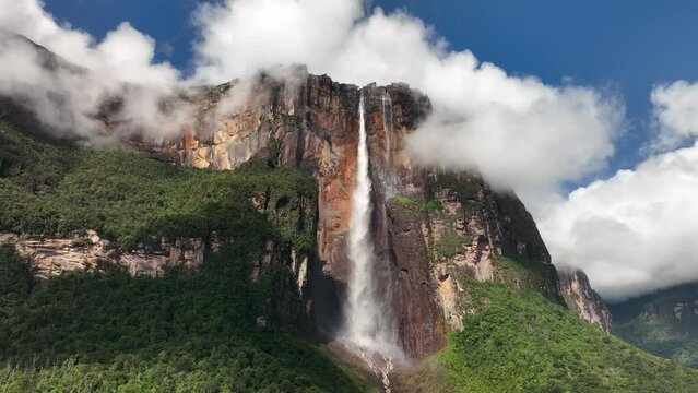 Beautiful view of Angel Falls in sunlight in Canaima National Park, Venezuela.