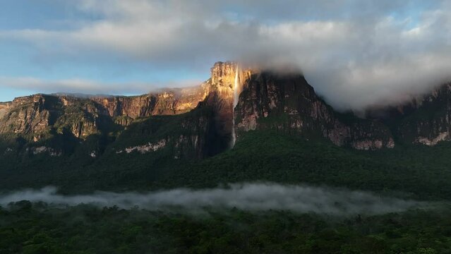 First rays of the sun illuminate Angel Falls in Canaima National Park, Venezuela.