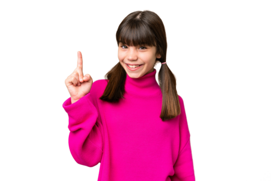 Little caucasian girl over isolated background pointing up a great idea
