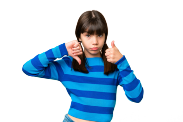Little caucasian girl over isolated background making good-bad sign. Undecided between yes or not