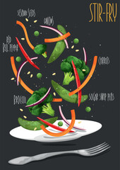 Stir fry in a wok. Chinese cuisine. Vector illustration
