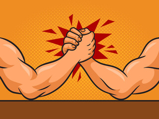 Arm wrestler hands pinup pop art retro raster illustration. Comic book style imitation.
