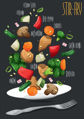 Stir fry in a wok. Chinese cuisine. Chicken with vegetables. Vector illustration