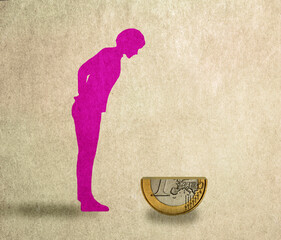 Illustration of woman looking at halved Euro coin symbolizing increasing inflation