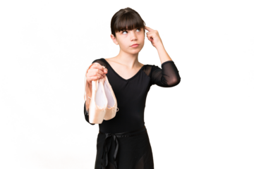Little caucasian girl practicing ballet over isolated background having doubts and thinking