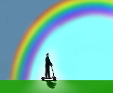 Illustration of rainbow arching over man riding electric push scooter