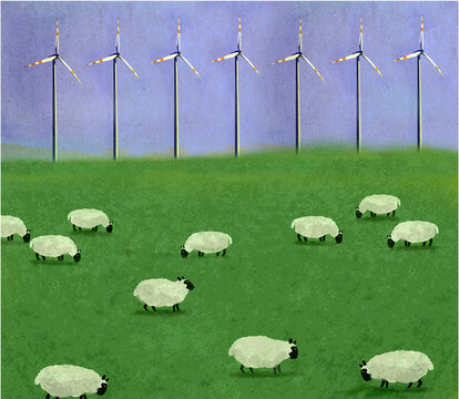 Illustration of flock of sheep grazing in green meadow with row of wind farm turbines standing in background