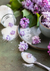 Fototapeta na wymiar Flavored sugar with lilac flowers in glass jar and branch of beautiful lilac, green concrete background. Edible flowers in cooking and confectionery. Flavoring ingredients.