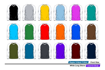 Raglan v-neck t-shirt, front view, white long sleeve, colorful body