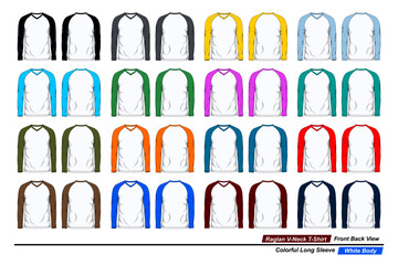 Raglan v-neck t-shirt, front and back view, colorful long sleeve, white body