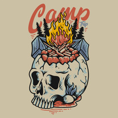 T Shirt Design Camp Trip With Campfire On The Skull Vintage Illustration