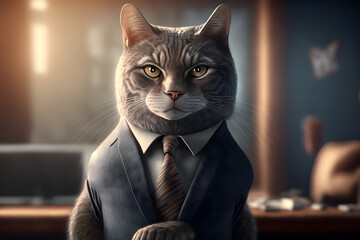 Portrait d'un chat anthropomorphe businessman travaillant dans les bureaux de sa société » IA générative