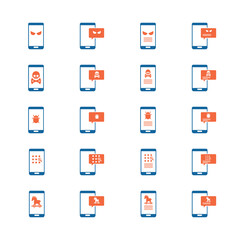 Malware notification on mobile phone. Virus, malware, email fraud, e-mail spam, phishing scam, hacker attack concept. Vector illustration. Icons set.	