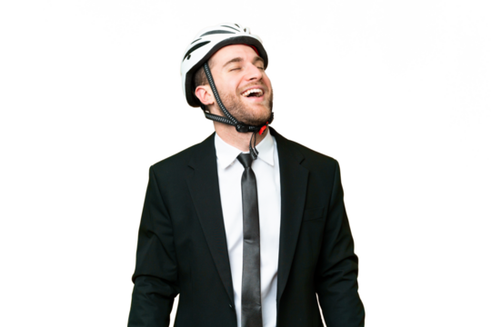 Business person with a bike helmet over isolated chroma key background laughing