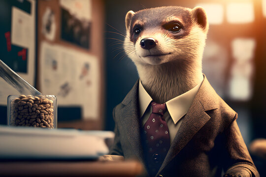 Portrait d'un furet anthropomorphe businessman travaillant dans les bureaux de sa soci&eacute;t&eacute; &raquo; IA g&eacute;n&eacute;rative