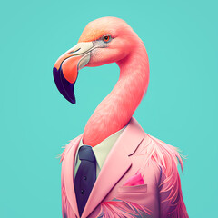 Abstract creative animal concept of a flamingo posing as a man in a human elegant business suit. Pink tropical flamingo in clothes. Illustration, Generative AI. - obrazy, fototapety, plakaty