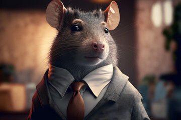 Portrait d'un rat anthropomorphe businessman travaillant dans les bureaux de sa société » IA générative
