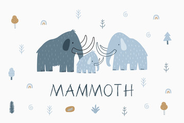 Cute cartoon Mammothn - vector print scandinavian style. Decor for nursery, newborn. Woolly mammotn.  - obrazy, fototapety, plakaty