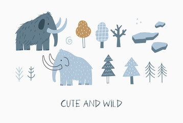 Cute cartoon Mammothn - vector print scandinavian style. Decor for nursery, newborn. Woolly mammotn. 