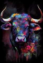 Fototapeta premium Majestic bull, colorful portrait, oil painting. Generative art