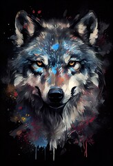 Majestic wolf, colorful portrait, oil painting. Generative art