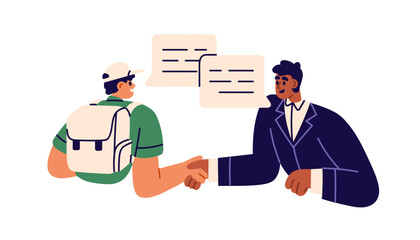 Businessman and courier handshake, agreement. Man and worker from outsourcing delivery service agreeing on business cooperation, shaking hands. Flat vector illustration isolated on white background